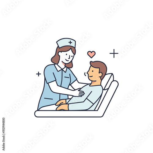 Nurse comforting male patient in hospital bed illustration