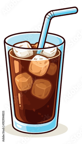 Hand drawn illustration of a glass of iced cola depicting a refreshing cold beverage for summer enjoyment