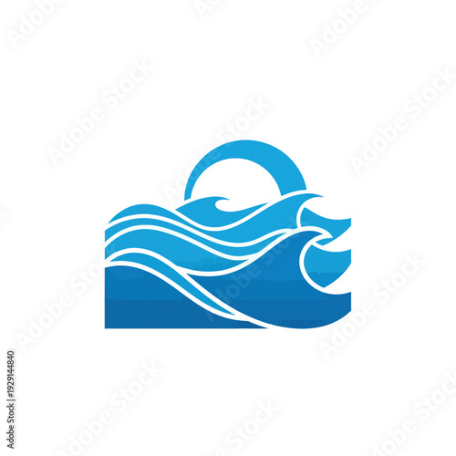 Stylized blue ocean waves with rising sun or moon icon