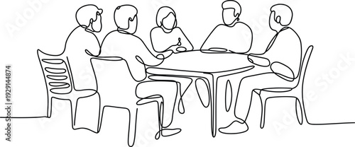 Minimalist line art business meeting teamwork collaboration discussion table flat vector