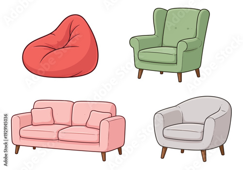 Hand drawn cartoon style furniture set featuring a bean bag, sofa, and armchairs for home interior design