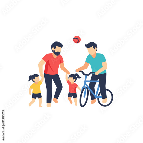 Fathers and daughters playing with bike and ball together