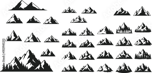 Mountain range silhouettes with pine trees set, peak summits and snowy hills landscape, cad drawing flat vector illustration, outdoor nature and climbing icons