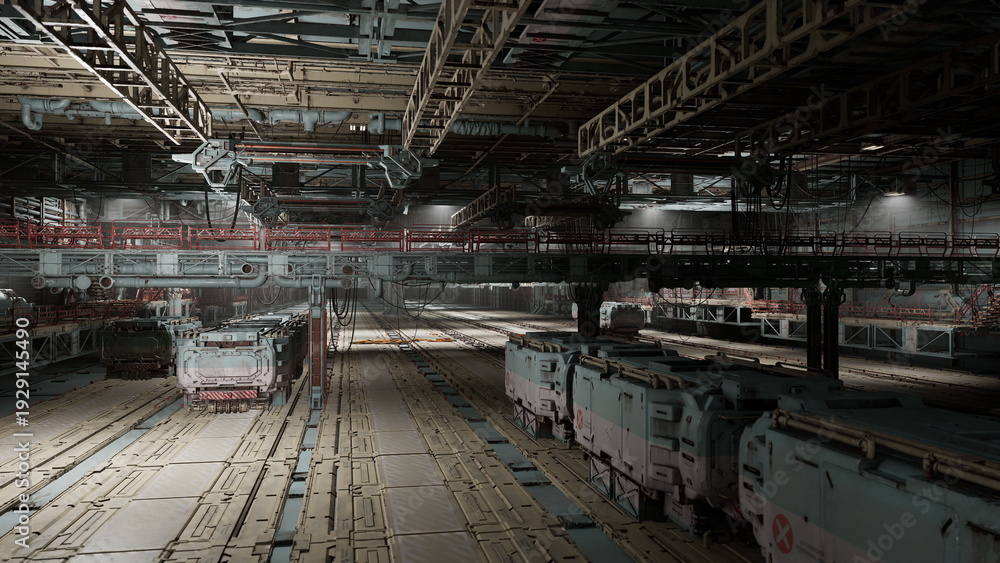 Fototapeta premium Silent depot storing decommissioned trains with neat rows of idle carriages, low light accentuates rust and form, atmosphere of pause and industrial memory