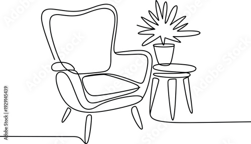 Minimalist line art cozy interior armchair table plant decor flat vector