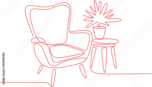 Minimalist red line art cozy interior armchair table plant decor flat vector