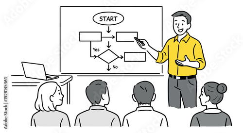 Hand drawn illustration of a business presenter depicting a flowchart explanation to an audience for a training seminar