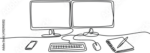 Minimalist line art modern workspace with monitors notebook smartphone flat vector