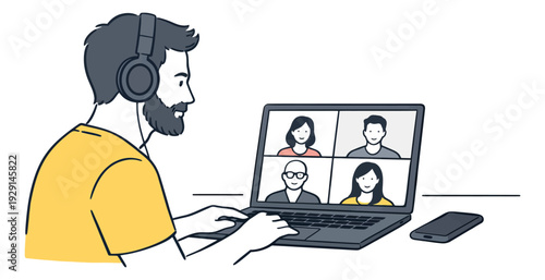 Hand drawn illustration of a man with a laptop depicting a video conference for online collaboration