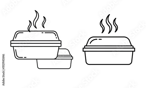 Simple line drawing of two microwave containers with steam