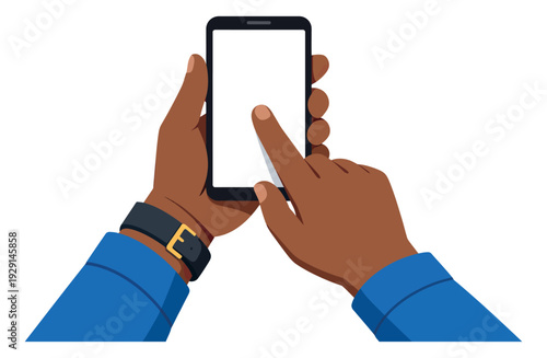 Flat design illustration of hands holding a smartphone depicting a finger tapping the screen for mobile application use