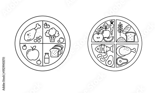 Balanced diet plates with varied food groups