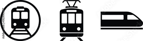 Public transport silhouette set with subway train, electric tram, and high speed bullet train, cad drawing flat vector illustration, urban transit logistics icons