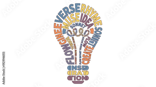 Lightbulb word cloud, poetry creative writing terms, inspiration literature, flat vector muted palette, editable graphic