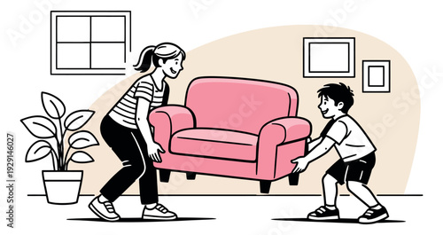 Hand drawn line art illustration of a mother and son depicting carrying an armchair for home decoration