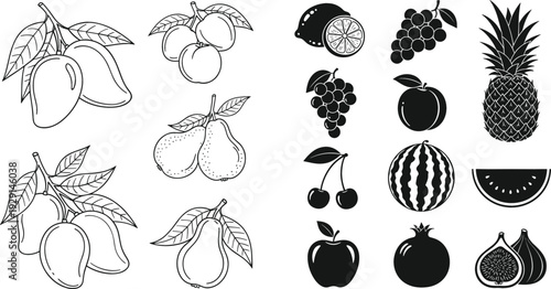 Black and White Fruit Vector Icon Set with Mango Pear Grapes Apple Pineapple Watermelon and Fig Illustrations