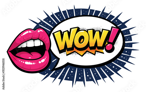 Pop art illustration of lips and a speech bubble with 'Wow!' depicting surprise for advertising and communication