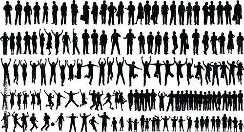 Extensive Collection of Diverse Human Silhouettes Including Standing Poses Cheering Jumping Dancing Groups Families Children Playing Activities Vector Illustration