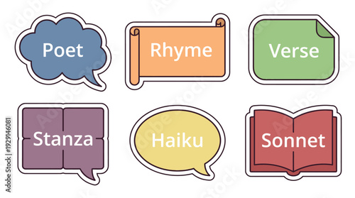 Poetry Terminology Set, Colorful Sticker Labels with Text, Literary Education Concept, Flat Design Style, Pastel Colors Vector Illustration