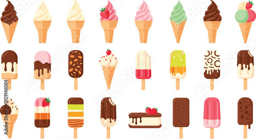 Colorful Ice Cream and Popsicle Vector Set with Chocolate, Strawberry, Vanilla Cones and Assorted Frozen Dessert Treats Collection