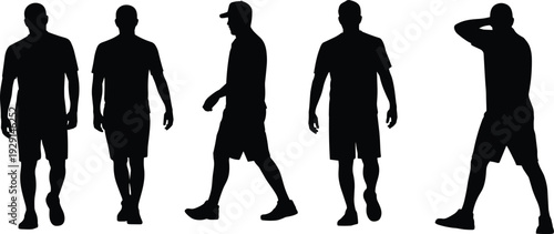 WebSilhouette of people walking, standing poses, casual clothing, cap figure, human gestures, body movement, lifestyle illustration, vector art, black silhouette, isolated