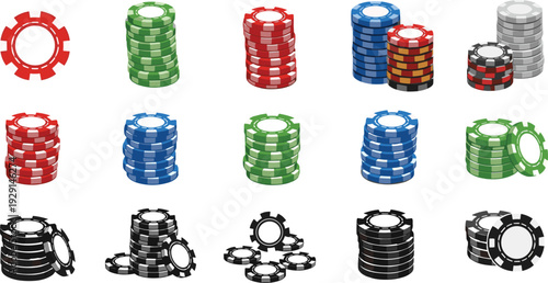 Casino Poker Chip Vector Set with Stacks, Single Tokens and Colorful Gambling Game Pieces Collection