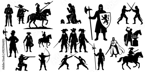 Huge set of medieval knight and historical warrior silhouettes, featuring cavalry, archers, musketeers, blacksmith and combat scenes isolated