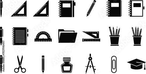 School and office stationery icons set, notebook pencil pen ruler scissors and graduation cap collection, cad drawing flat vector illustration, education supplies elements