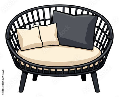 Hand drawn line art illustration of an outdoor armchair depicting modern seating with cushions for patio decor
