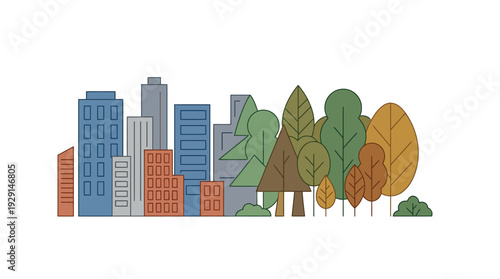 Urban Nature Skyline with City Buildings and Green Trees, Environmental Development Harmony, Minimalist Flat Design Vector, Scalable Graphic Illustration