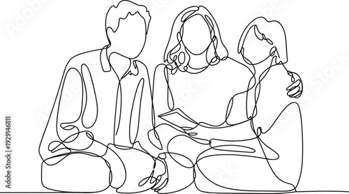 Minimalist line art people reading book together family connection flat vector