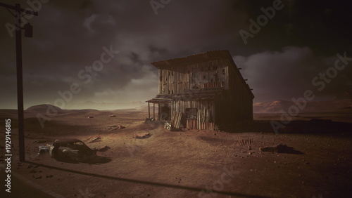 Fotografie desert ruin shack under stormy sky, lonely derelict homestead on dustswept plain
