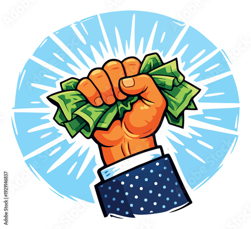 Graphic illustration of a hand clenching crumpled money depicting a firm grip on wealth for financial prosperity