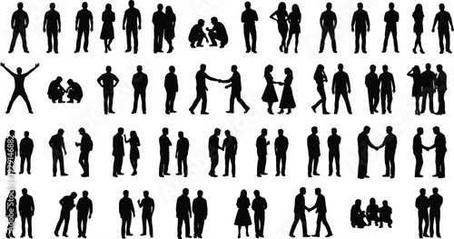 People silhouettes social interaction set, couples talking, business partners shaking hands, black vector collection.