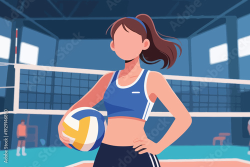 Female volleyball player in blue top and dark shorts holding ball on indoor court, standing confidently with net and teammates in background.