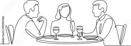 Minimalist line art dinner party with wine glasses and table flat vector