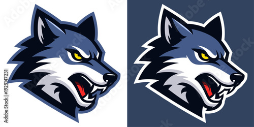 Two wolf head logos with different backgrounds and color schemes
