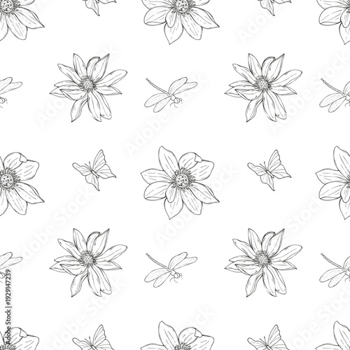 Lotus flower heads, fluttering butterfly, dragonfly etching monochrome seamless pattern. Blooming waterlily and flying insects vector isolated illustration for textile, coloring book