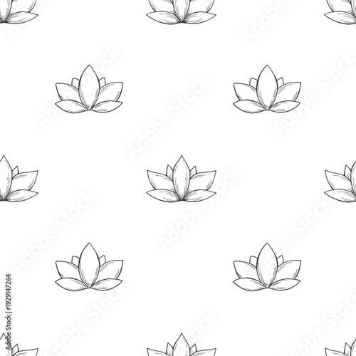 Hand drawn transparent stylized sacred lotus silhouette vector seamless pattern. Monochrome waterlily flower graphic illustration. Geometric aquatic plant shape for packaging, ayurveda products