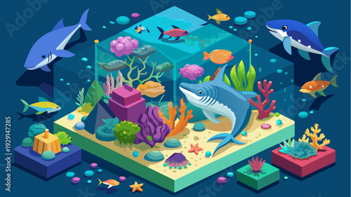 Isometric underwater scene with sharks swimming around colorful coral reef aquarium and tropical fish in vibrant ocean ecosystem illustration