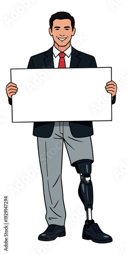 Cartoon style illustration of a smiling businessman with a prosthetic leg depicting holding an empty sign for advertisement