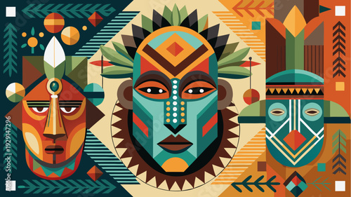 Colorful african tribal masks with geometric patterns and ethnic ornament elements in vibrant flat vector illustration