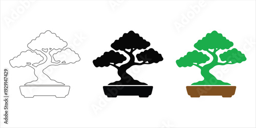Minimal Bonsai Tree Silhouette Set – Japanese Potted Plant Flat Vector