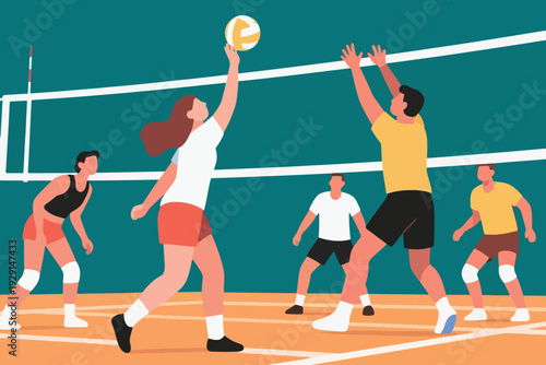 Six players in indoor volleyball match, ball mid air above net, orange court with white lines and teal background highlighting teamwork, energy, and competition.
