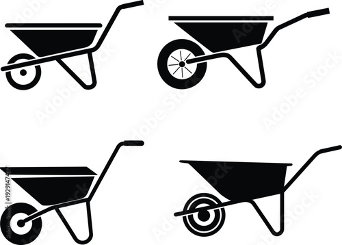 Wheelbarrow silhouette collection featuring construction and garden transport tools isolated on white background, manual equipment vector illustration set for farming, landscaping and building work