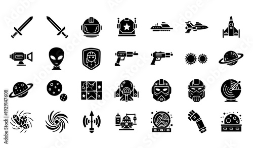 Sci Fi Galaxy Glyph Icons Set with Space Weapons Robots and Starships Vector Collection