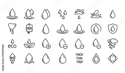 Blood Rain and Water Drop Line Vector Icons Set with Minimal Outline Style