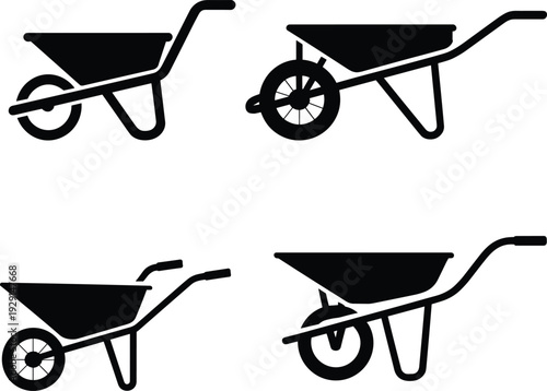 Wheelbarrow silhouette set with construction and gardening transport tools isolated on white background, manual labor equipment vector illustration collection for farming, landscaping and 