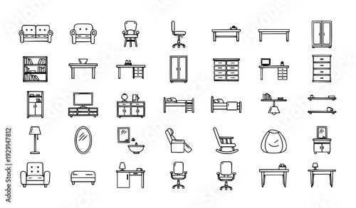 Outline Furniture Icons Set with Home Interior Line Art Vector Collection