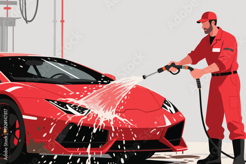 Worker in red uniform and cap washing red sports car with high pressure hose, water spraying on hood, foam splashes, garage facility background with pipes and equipment.